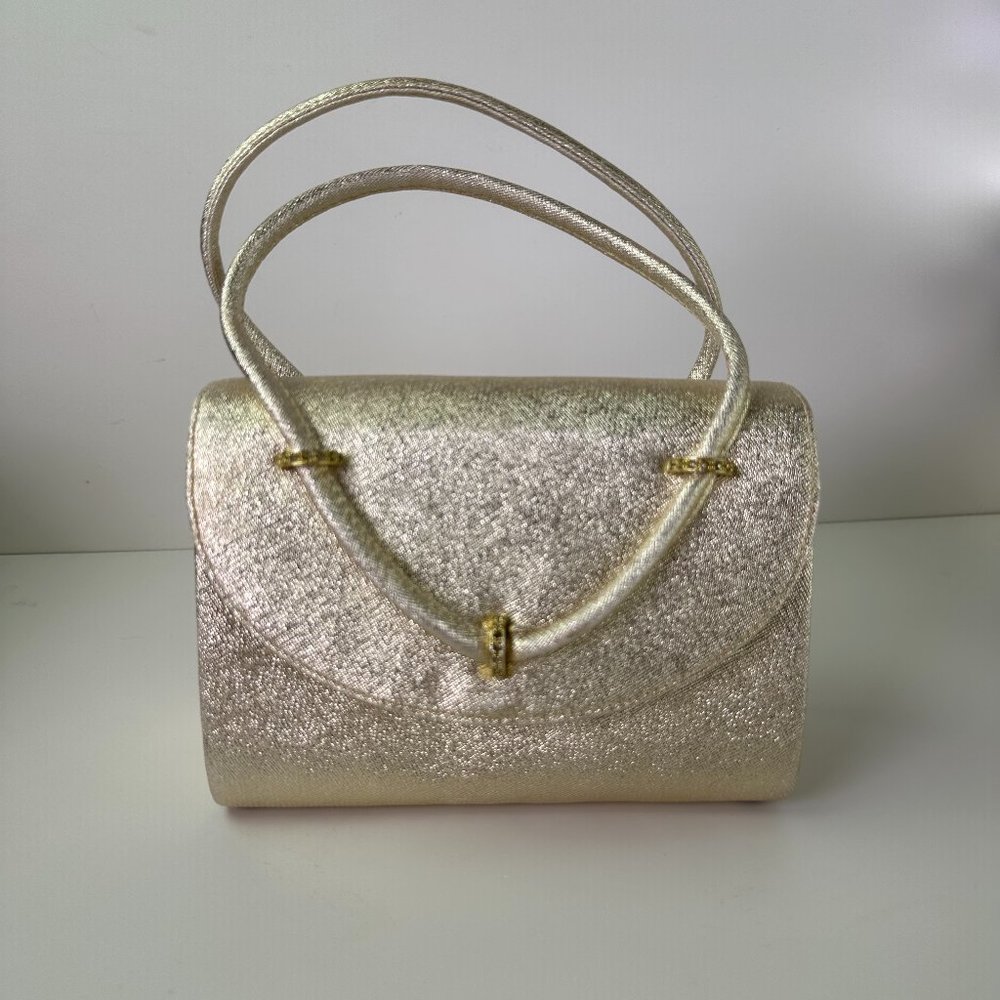 Gold Vintage 1950s Crown Lewis Mini Handbag - Rhinestone Details - Satin Lined